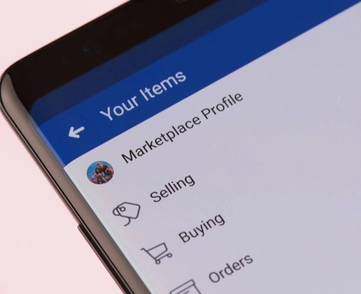 A smartphone screen open on the Facebook Marketplace menu.