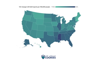 U.S. map showing where ID theft reports increased the most in 2025.