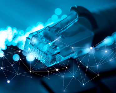 A close-up photo of an Ethernet cable and fiber optic cables on top of a computer keyboard