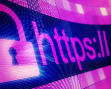 A close-up of a web browser URL bar showing a lock symbol and HTTPS:// on an abstract pink and purple background