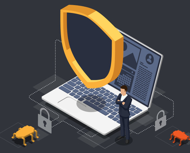 An illustration of an open laptop with a yellow and black shield floating above it while bugs try to attack it