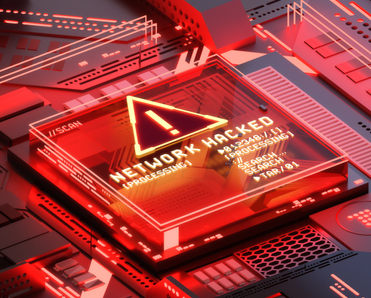 Red light computer system with warning sign exclamation triangle and the words &quot;Network Hacked&quot;