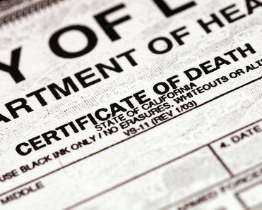 Close-up of a death certificate.