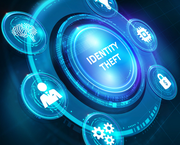 Blue neon circle with several little circle around with various images or setting engine wheels, lock and money, etc, and in the middle a button saying &quot;identity theft&quot;