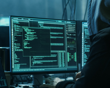 Computer screen with green neon coding language and a hooded hacker in front typing on keyboard