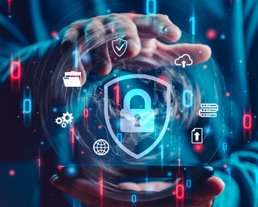 Hand holding invisible light globe with many symbols of cyber security made of light and a big emblem with a lock in the middle