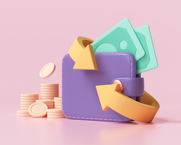 3D render of a purple wallet filled with dollar bills to represent a Proton VPN refund.