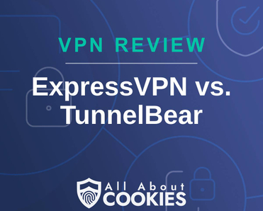 A blue background with images of locks and shields with the text &quot;VPN Review ExpressVPN vs. TunnelBear&quot; and the All About Cookies logo. 