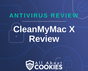 A blue background with images of locks and shields with the text &quot;CleanMyMac X Review&quot; and the All About Cookies logo. 