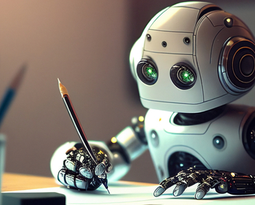 A robot uses a pencil to scribble notes in an illustration that represents AI and ChatGPT.