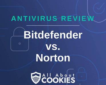 A blue background with images of locks and shields with the text &quot;Antivirus Review Bitdefender vs. Norton&quot; and the All About Cookies logo. 