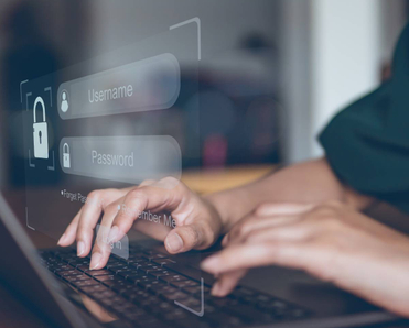 Woman typing on computer user and password login on visual screen.