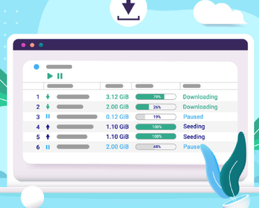 Illustration of a torrent client on laptop computer downloading files from the internet.