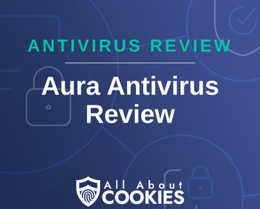 A blue background with images of locks and shields and the text &quot;Aura Antivirus Review&quot;