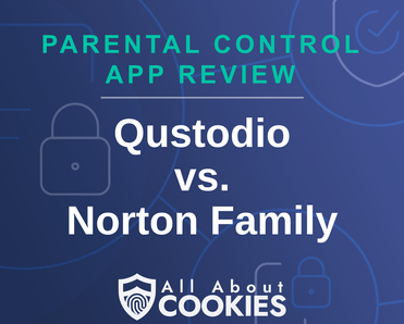 A blue background with images of locks and shields and the text &quot;Qustodio vs. Norton Family&quot;