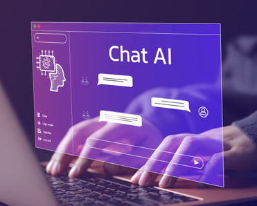 A person typing at a computer. A transposed image of the computer screen says Chat AI and shows a messaging screen.