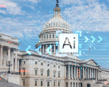 An image of the U.S. capitol building superimposed by a translucent image meant to symbolize technology. In the center there&#x27;s a white square that says AI.