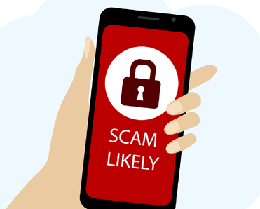 An illustration of a woman holding a cell phone that displays the text scam likely