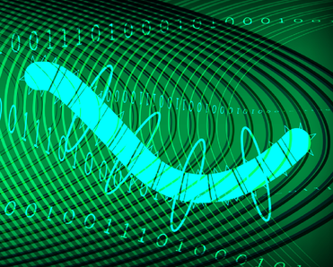 vector illustration of a neon computer worm against a green backdrop of ones and zeros