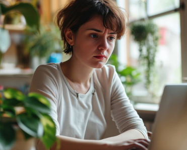 Woman looking concerned at laptop