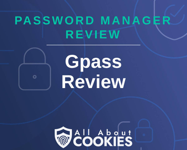 A blue background with images of locks and shields and the text &quot;Gpass Review&quot;