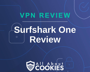 A blue background with images of locks and shields and the text &quot;Surfshark One Review&quot;