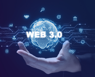 A concept of Web 3.0 -- a virtual world hovering over a human hand with the words &quot;Web 3.0&quot;