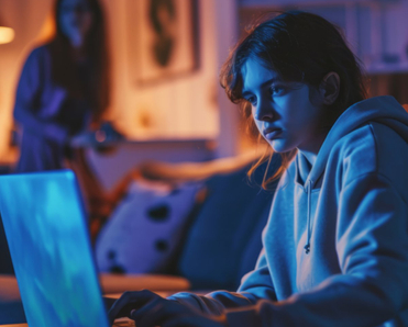 Girl looking worried at her laptop while mom watches in the distance