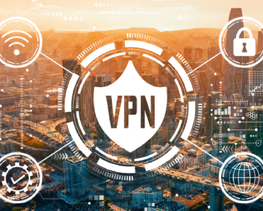 VPN concept with downtown San Francisco skyline buildings