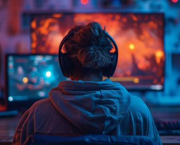 A gamer sits in front of two monitors. 