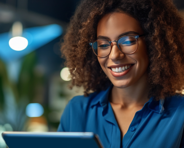 Woman holding a tablet in an office. 
