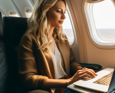 A woman uses her laptop while on a plane.