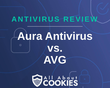 A blue background with images of locks and shields and the text &quot;Aura Antivirus vs. AVG&quot;