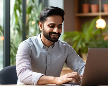 Man smiling at office desk.