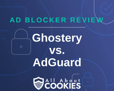 A blue background with images of locks and shields and the text &quot;Ghostery vs. AdGuard&quot;