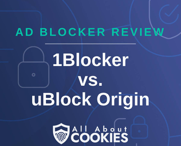 A blue background with images of locks and shields and the text &quot;1Blocker vs. uBlock Origin&quot;