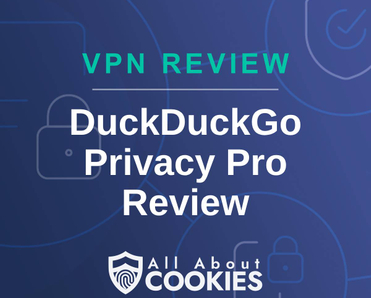 A blue background with images of locks and shields and the text &quot;DuckDuckGo Privacy Pro Review&quot;