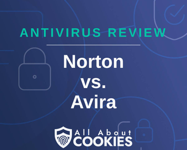 A blue background with images of locks and shields with the text &quot;Antivirus Review Norton vs. Avira&quot; and the All About Cookies logo. 