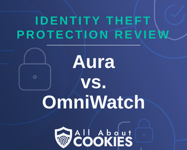 A blue background with images of locks and shields with the text “Aura vs. OmniWatch” and the All About Cookies logo.
