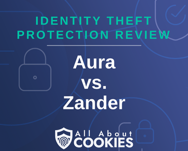 A blue background with images of locks and shields with the text “Aura vs. Zander” and the All About Cookies logo.