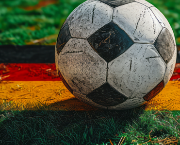 Soccer ball on field atop grass painted like German flag for UEFA EURO 2024