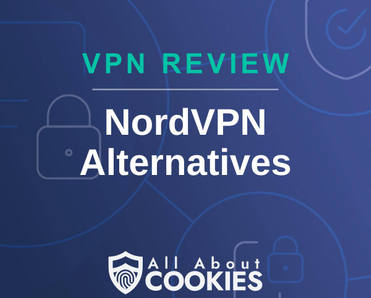 A blue background with images of locks and shields and the text &quot;NordVPN alternatives&quot;