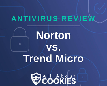 A blue background with images of locks and shields with the text &quot;Antivirus Review Norton vs. Trend Micro&quot; and the All About Cookies logo. 