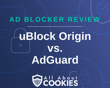 A blue background with images of locks and shields with the text “uBlock Origin vs. AdGuard” and the All About Cookies logo.