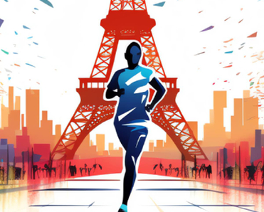 Olympic Games Paris 2024 illustration of runner with Eiffel Tower in backdrop