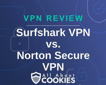 A blue background with images of locks and shields with the text “Surfshark VPN vs. Norton Secure VPN” and the All About Cookies logo.