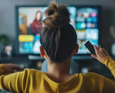 A woman sits in front of a TV. 