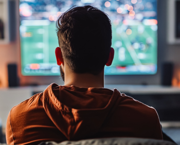 A man sits in front of the TV, watching sports. 