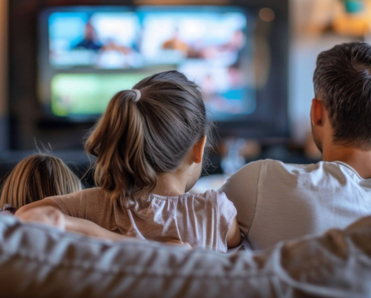 Back view of a family sitting on the couch and facing their TV.
