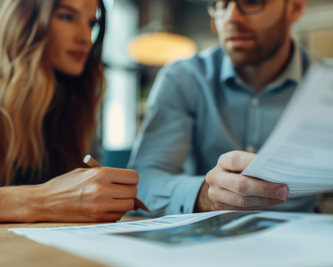 A woman and man sit together, going over paperwork.